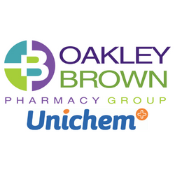 Blue, purple and green Oakley Brown Pharmacy Group logo with Oakley Brown written next to it and pharmacy group written underneath the second logo at the bottom is Unichem written in blue with an orange circle with a white cross inside it.